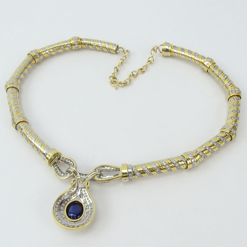 Vintage Approx. 17.0 Carat Round Brilliant and Princess Cut Diamond, Cabochon Sapphire and Heavy 18 Karat Yellow Gold Pendant Necklace. 