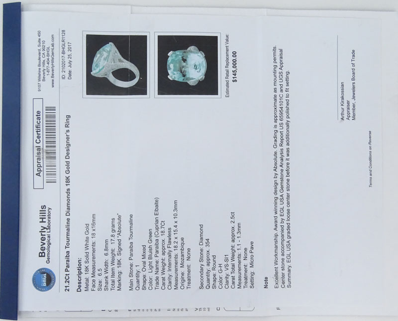 Rare EGL and BHGL Certified 18.7 Carat Oval Cut Mozambique Paraiba Tourmaline, 2.5 Carat Pave Set Diamond and 18 Karat White Gold Ring. 