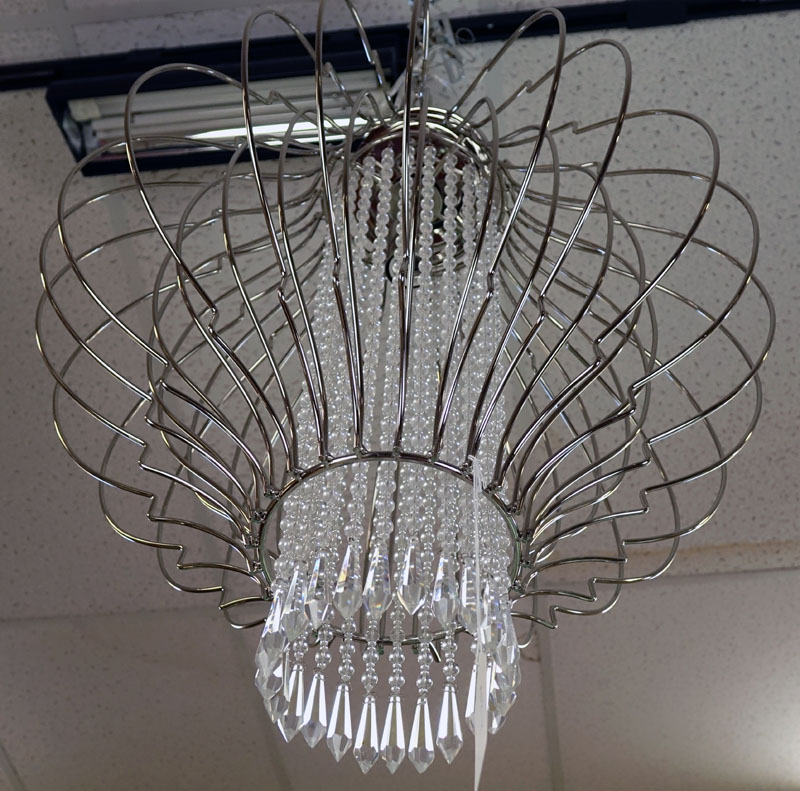 Modern Chrome and Hanging Crystal Pendant Light Fixture.