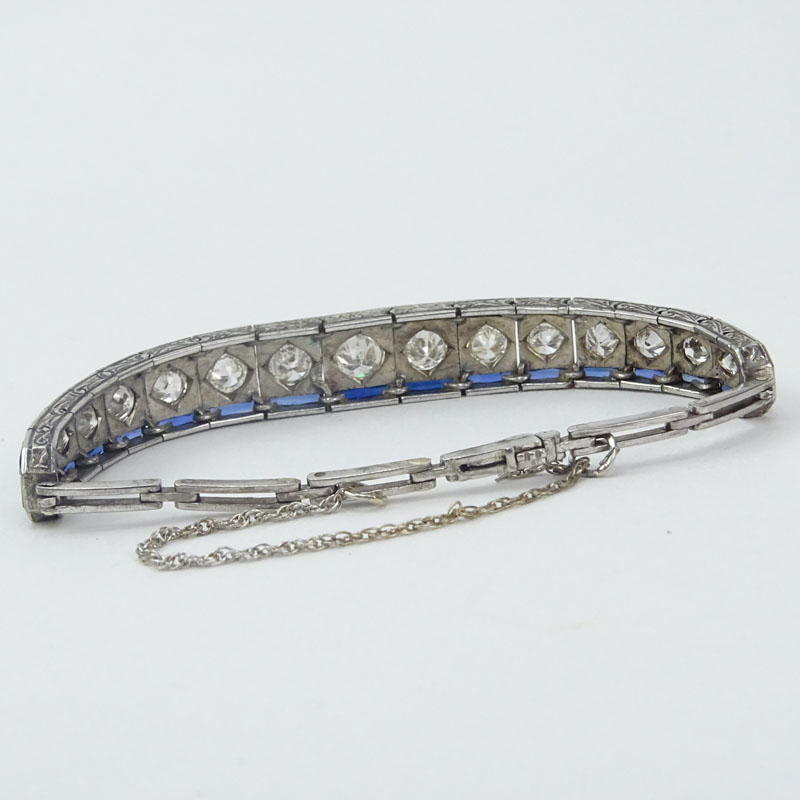 Art Deco Circa 1920s Approx. 3.25 Carat Old European Cut Diamond, Sapphire and Silver Bracelet. 