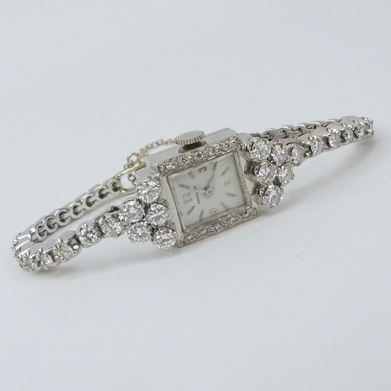 Lady's Vintage Approx. 3.50 Carat Round Brilliant Cut Diamond and 14 Karat White Gold Hamilton Bracelet Watch with Manual Movement.