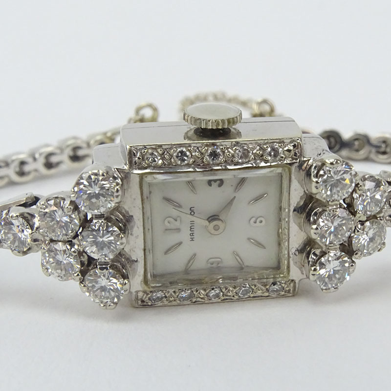 Lady's Vintage Approx. 3.50 Carat Round Brilliant Cut Diamond and 14 Karat White Gold Hamilton Bracelet Watch with Manual Movement.