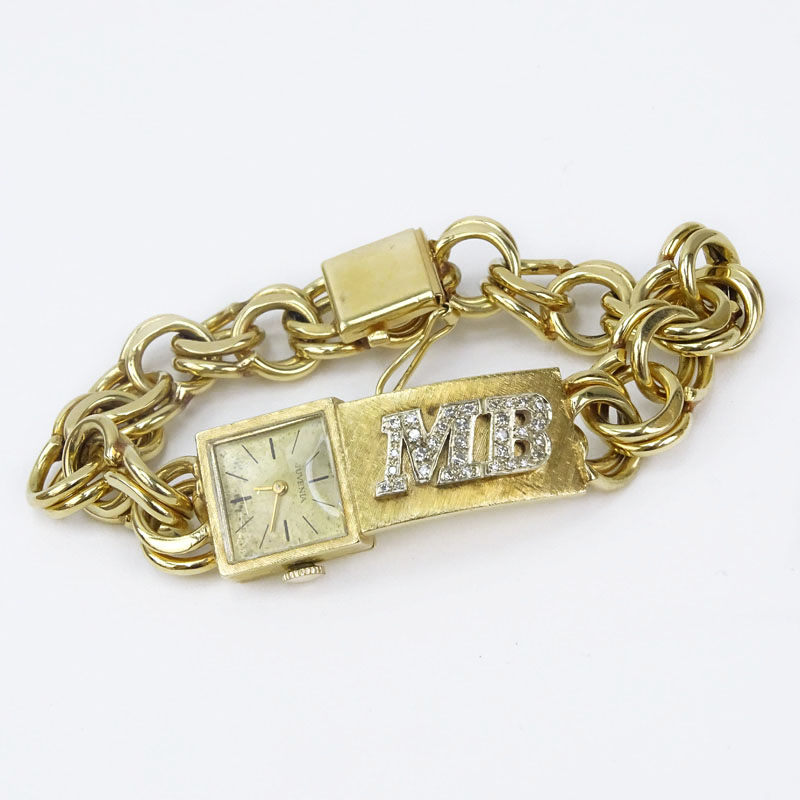 Man's Vintage 14 Karat Yellow Gold and Diamond ID Bracelet / Juvena Watch.