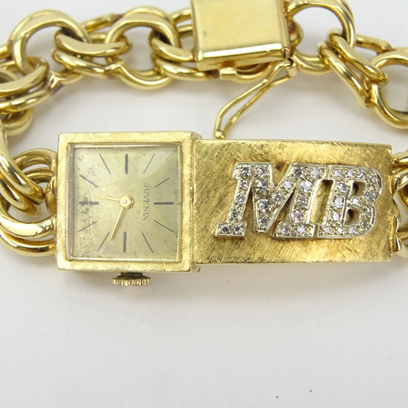Man's Vintage 14 Karat Yellow Gold and Diamond ID Bracelet / Juvena Watch.
