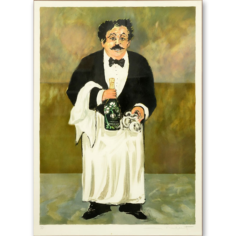 Guy Buffet, French (b 1943) "Waiter with Champagne" Color Serigraph Signed and Numbered 52/900. 