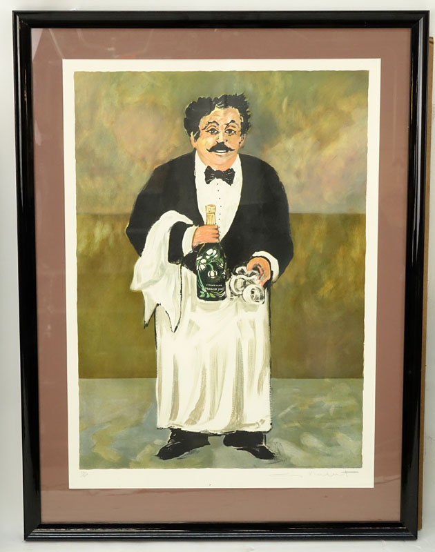 Guy Buffet, French (b 1943) "Waiter with Champagne" Color Serigraph Signed and Numbered 52/900. 