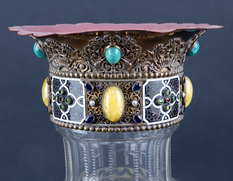 Antique Persian Influences Glass Vase With Cloisonné Bronze Mounting Inset With Gemstones.