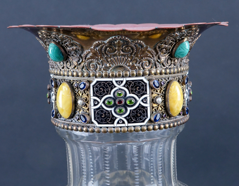 Antique Persian Influences Glass Vase With Cloisonné Bronze Mounting Inset With Gemstones.