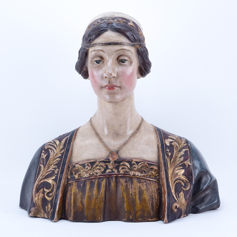 Antique Polychrome Terracotta Bust of a Renaissance Woman.