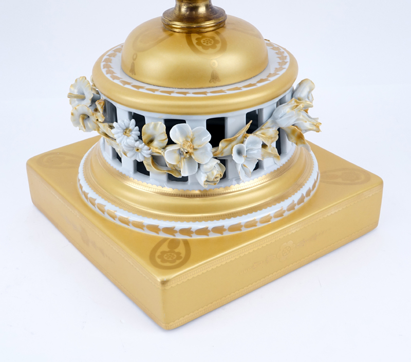 Very Large Mangani Italian Porcelain Covered Urn With Applied Flowers. Reticulated base, gilt decoration and highlights. 