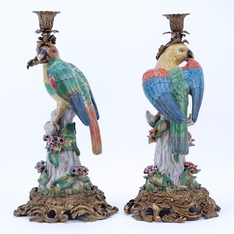 Pair of Modern Meissen Style Bronze Mounted Porcelain Bird Candleholders.