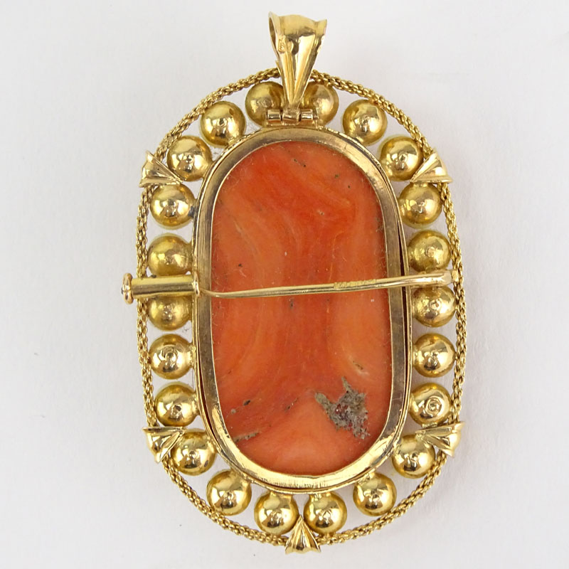 Antique Italian Carved Red Coral, Pearl and 18 Karat Yellow Gold Pendant Brooch. 