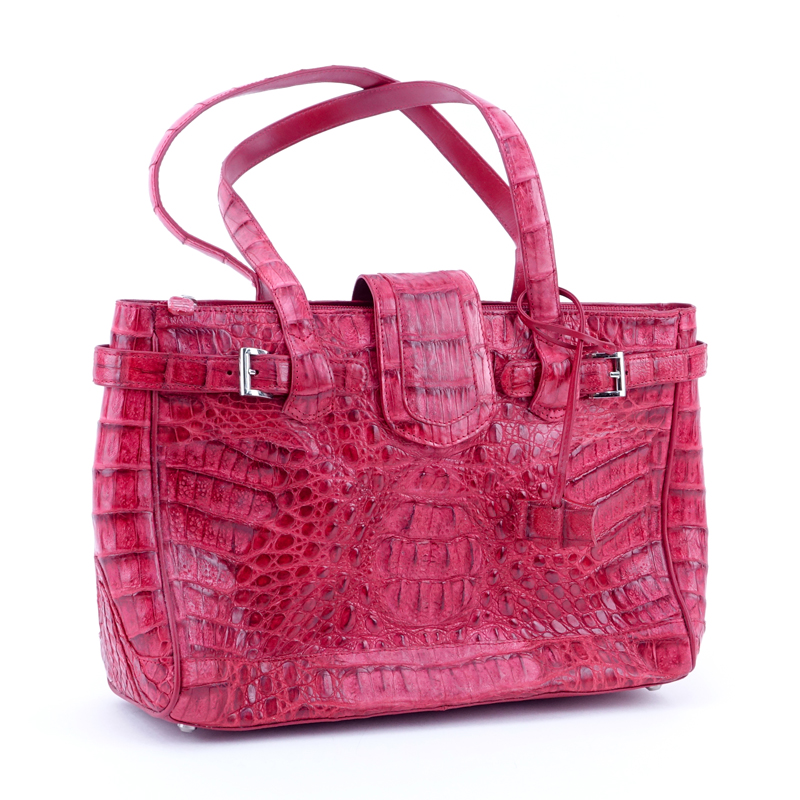 Nina Raye Red Crocodile Satchel. Suede interior with numerous pockets. Magnetic closure.