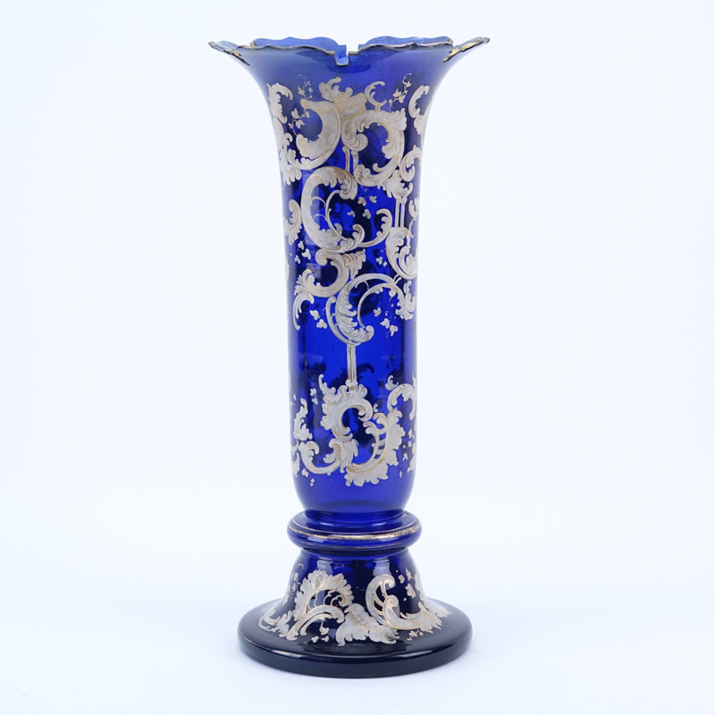 Antique Cobalt Blue Glass Vase With Handpainted Decoration.