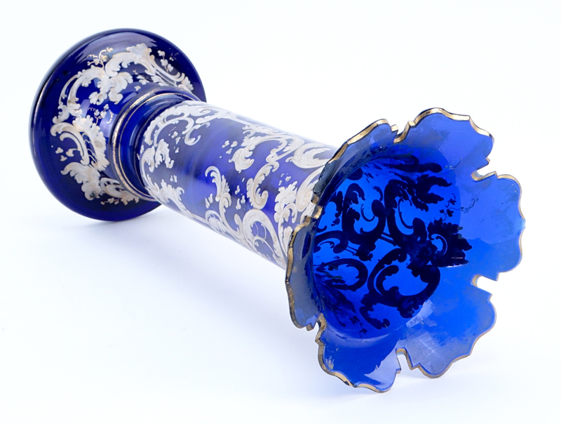 Antique Cobalt Blue Glass Vase With Handpainted Decoration.