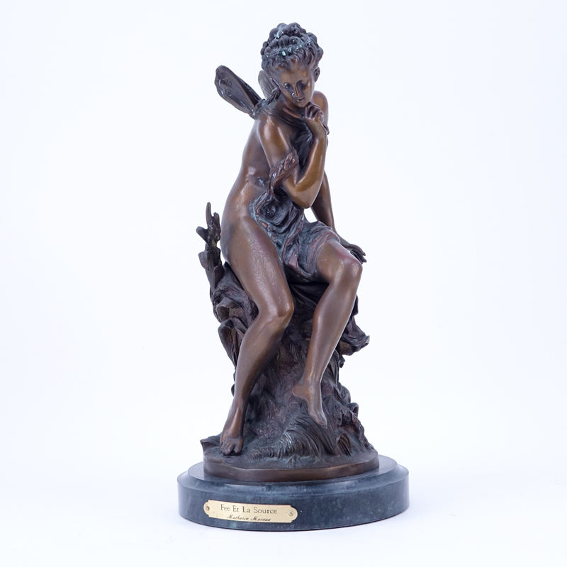 After: Mathurin Moreau, French (1822-1912) "Fee Et La Source" Bronze Sculpture on Green Marble Base. 
