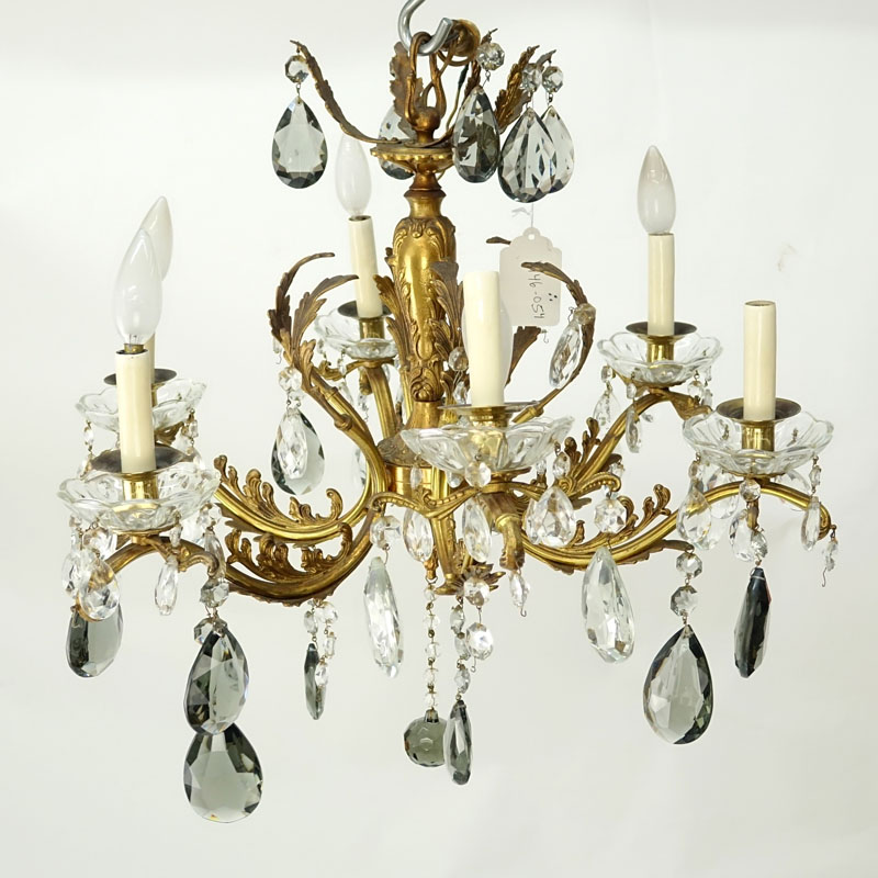 Mid Century Gilt Brass Six-Light Chandelier with Hanging Prism.