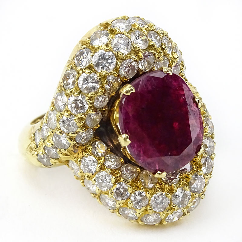 Vintage Large Oval Cut Burma Ruby, Approx. 4.0 Carat Round Brilliant Cut Diamond and 18 Karat Yellow Gold Ring. 