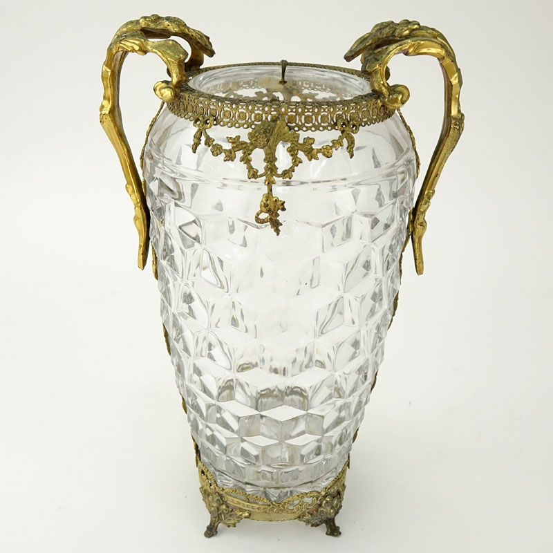 Antique French Baccarat Style Glass Vase with Brass Mounts.