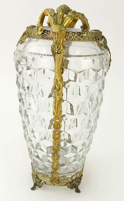 Antique French Baccarat Style Glass Vase with Brass Mounts.