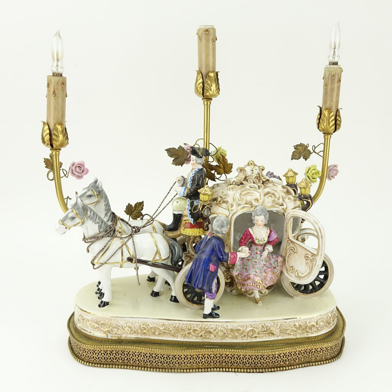 Vintage Dresden Porcelain Horse Drawn Carriage Group Now As A Lamp. No visible signature.