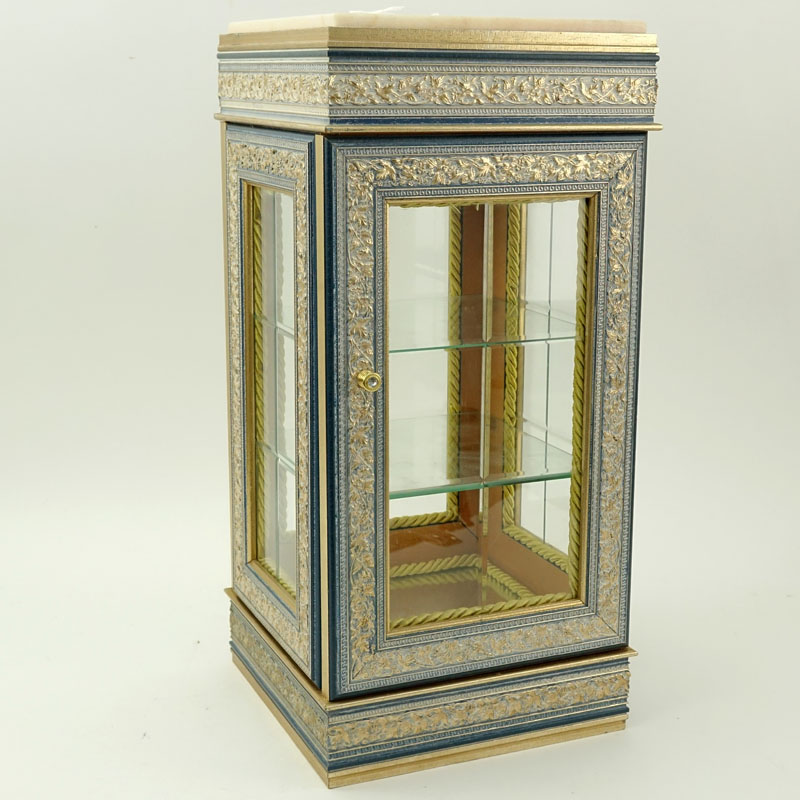 Small Modern Painted Display Cabinet. Lined interior with glass shelves.