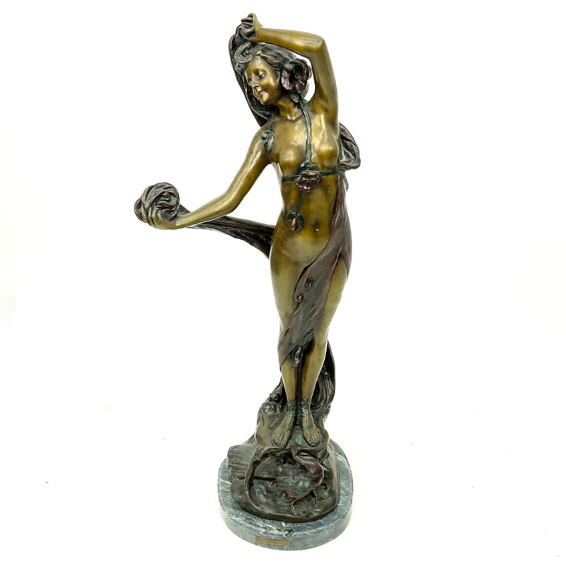 After: Emmanuel Villanis, French (1858-1914) Draped Nude Patinated Bronze Sculpture on Green Marble Base. 