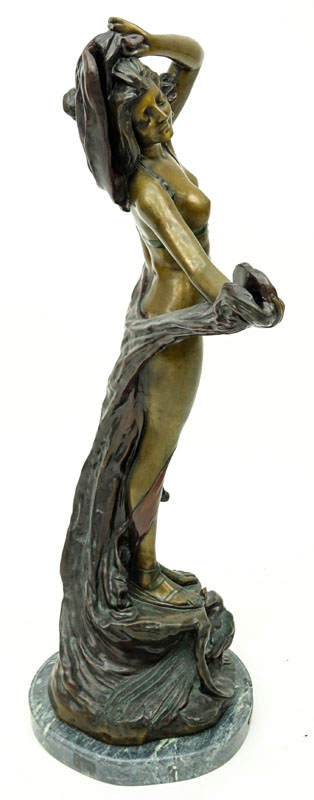 After: Emmanuel Villanis, French (1858-1914) Draped Nude Patinated Bronze Sculpture on Green Marble Base. 