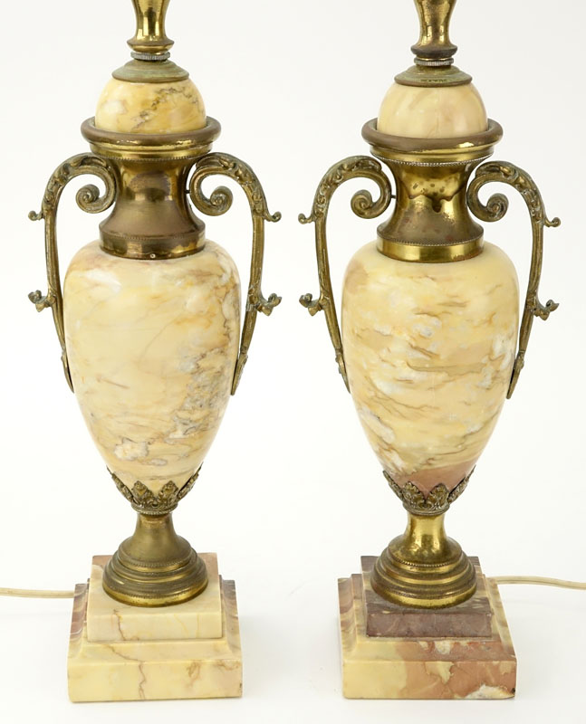 Pair of Antique Italian Marble and Bronze Urn Lamps.