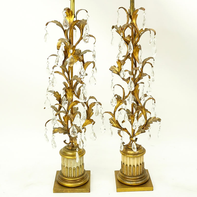 Pair of Mid Century Marbro Italian Florentine Tole and Carved Wood Lamps with Hanging Prisms.