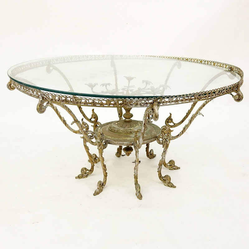 Mid Century Ornate Brass Coffee Table with Glass Top.