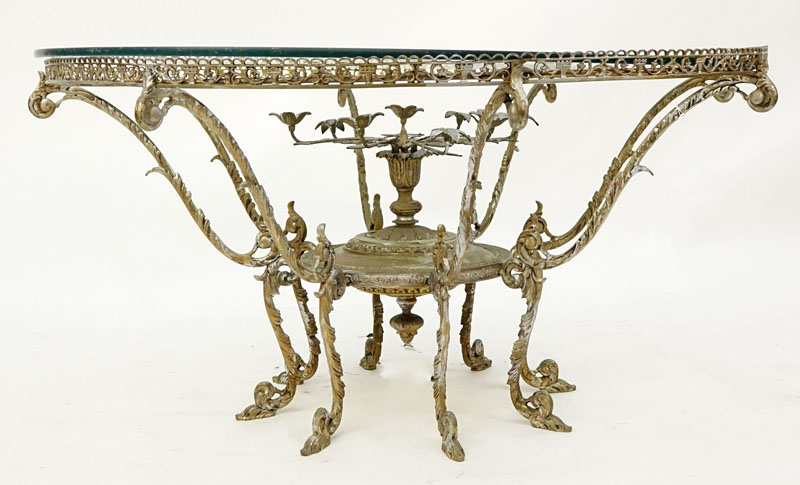 Mid Century Ornate Brass Coffee Table with Glass Top.