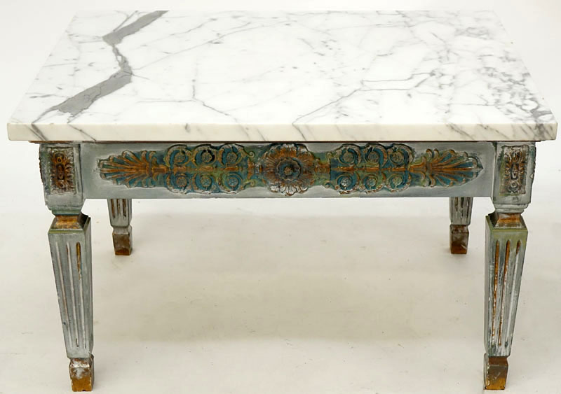 Pair of Mid Century Italian Painted End Tables with Marble Tops.