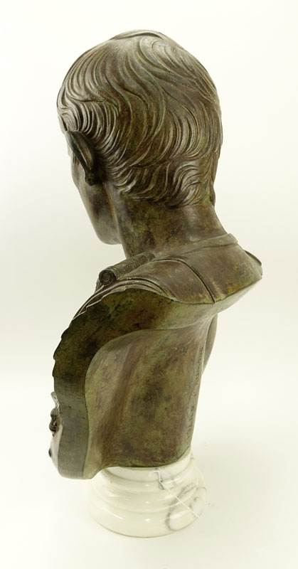 Large Modern Bronze Bust of Augustus Caesar On White Marble Socle.