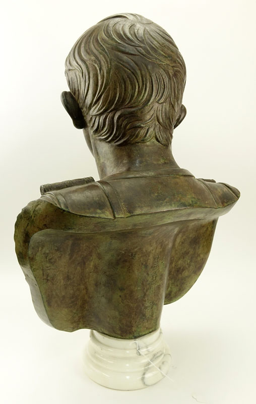 Large Modern Bronze Bust of Augustus Caesar On White Marble Socle.