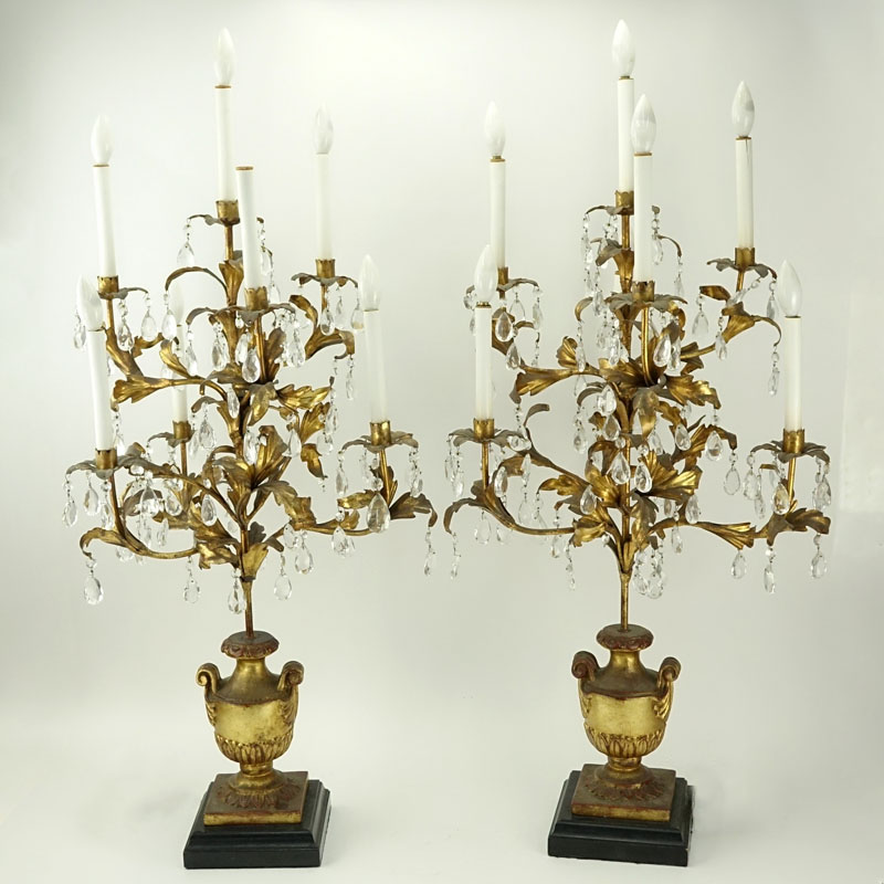 Pair of Gilt Carved Wood and Tole Candelabras Lamps with Prisms.