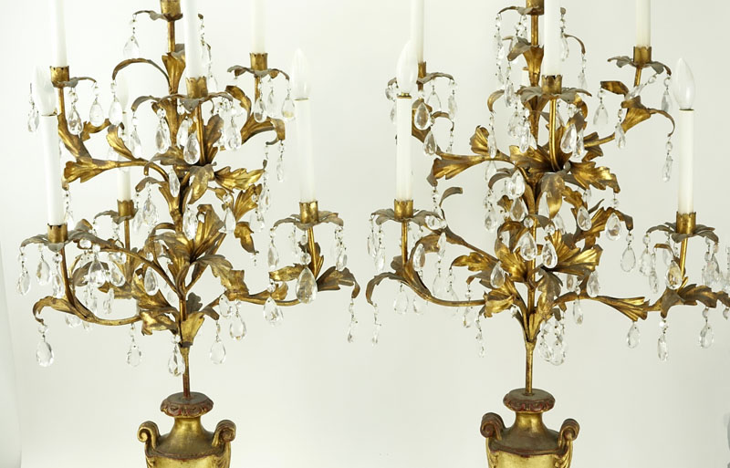 Pair of Gilt Carved Wood and Tole Candelabras Lamps with Prisms.