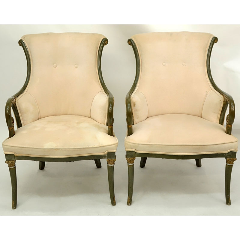 Pair of Mid Century Carved and Upholstered Arm Chairs.