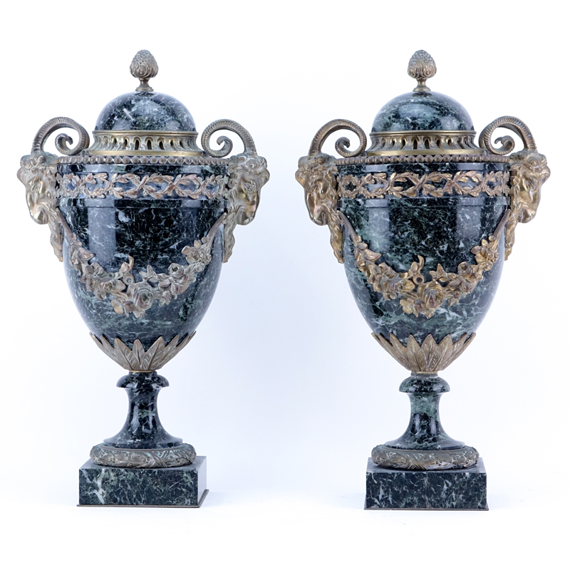Pair French Louis XVI Style Antique Bronze Mounted Marble Cassoulet.