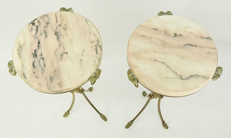 Pair of Marble Top Maison Jansen Style Brass Pedestal Tables.