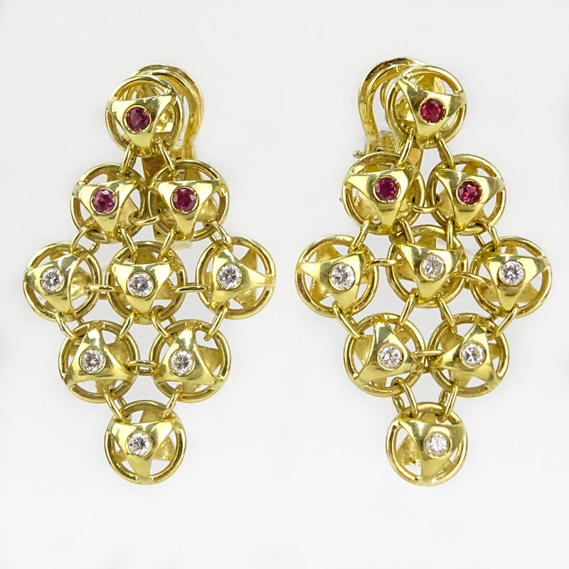 Contemporary Approx. .60 Carat Diamond, Ruby and 18 Karat Yellow Gold Chandelier Earrings. 
