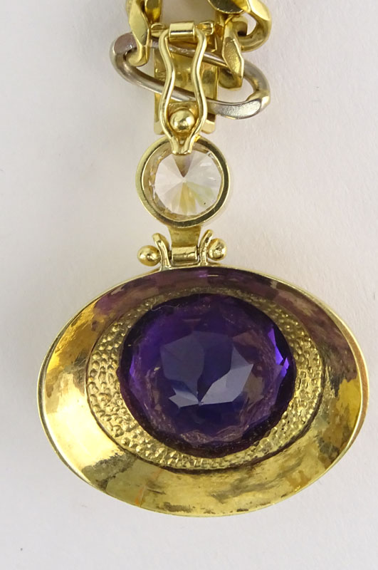 Large Round Cut Amethyst, CZ and 18 Karat Yellow Gold Pendant Necklace. 