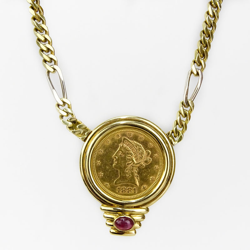 US 1881 $10 Liberty Head Gold Coin Pendant Necklace with 18 Karat Yellow Gold Bezel and Chain and with Cabochon Ruby Accent.