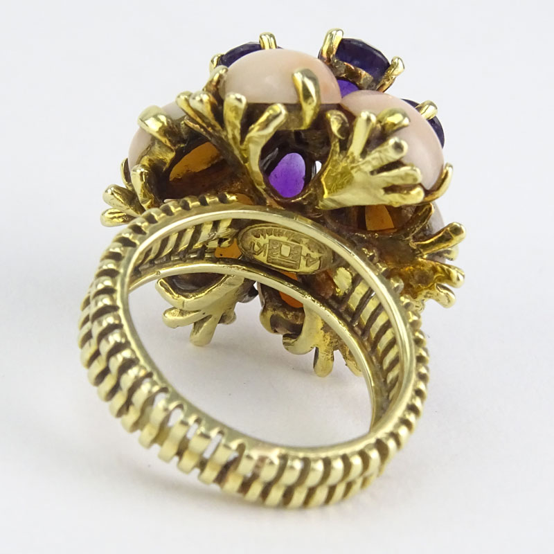 Vintage Approx. 1.68 Carat Pear Shape Amethyst, Angelskin Coral, .25 Carat Round Brilliant Cut Diamond and 14 Karat Yellow Gold Ring. Stamped 14K. 
