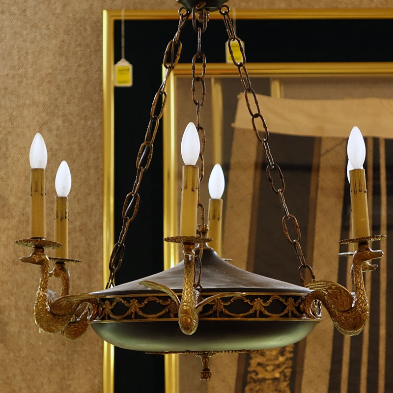 Early 20th Century French Empire Style Tole and Gilt Bronze 6 Arm Hanging Light Fixture.