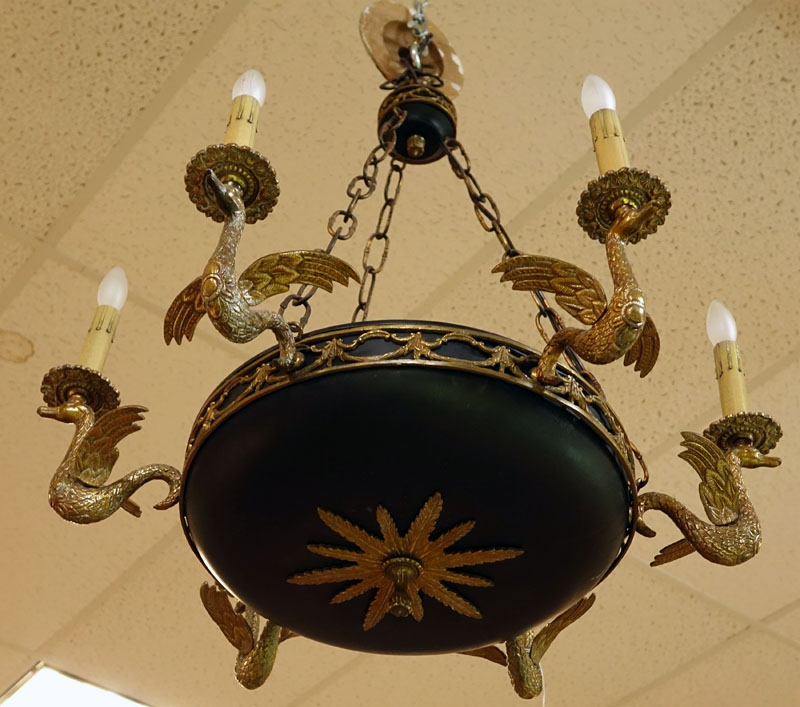 Early 20th Century French Empire Style Tole and Gilt Bronze 6 Arm Hanging Light Fixture.