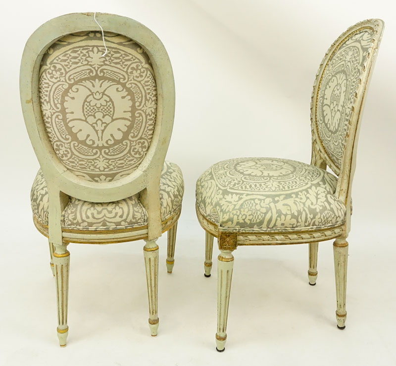 Pair of Louis XVI Style Carved Balloon Back Upholstered Side Chairs, Fortuny Upholstery Fabric. 