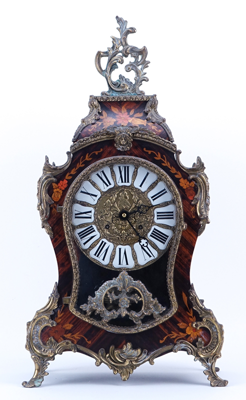 Hermle Boulle Style Inlaid Wood and Bronze Mounted  Clock with Wall Bracket. Has key and pendulum.