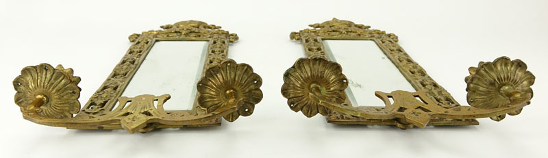 Pair of Empire Style Gilt Brass Mirrored Two Arm Wall Sconces.