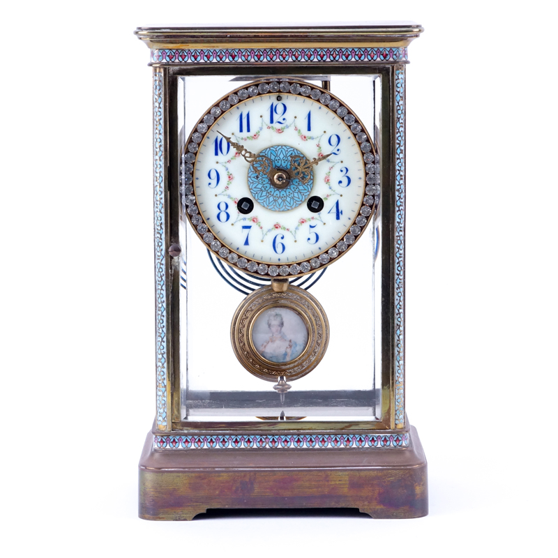 Antique French Champlevé Regulator Clock With Hand Painted Porcelain Dial and Jeweled Bezel.
